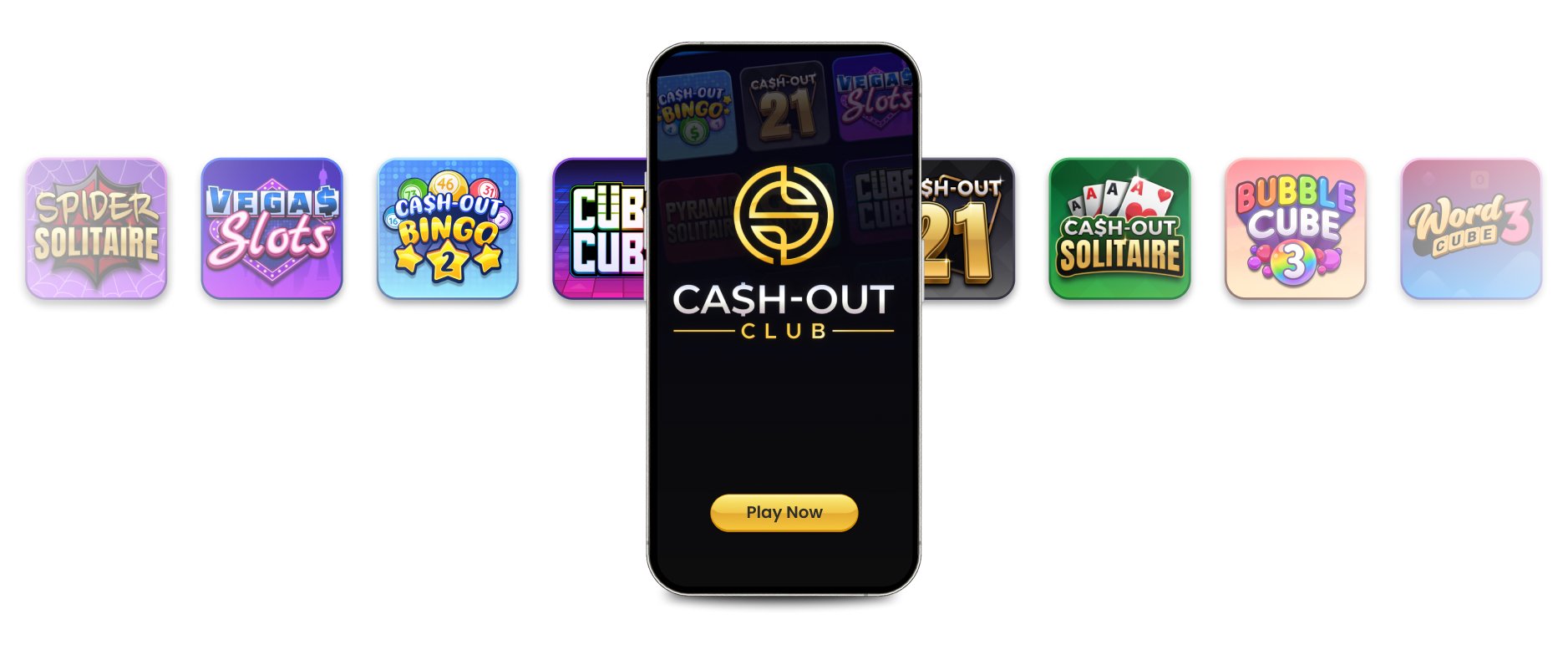 Cash-Out Club app on a phone, flanked by game icons